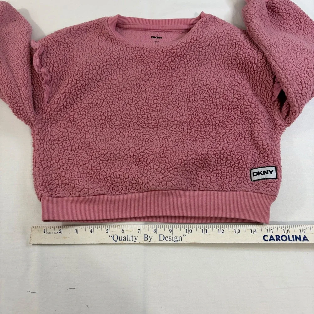 DKNY‎ Girls Pink Sherpa Fleece Ruffle Shoulder Sweatshirt Pullover Size 6X